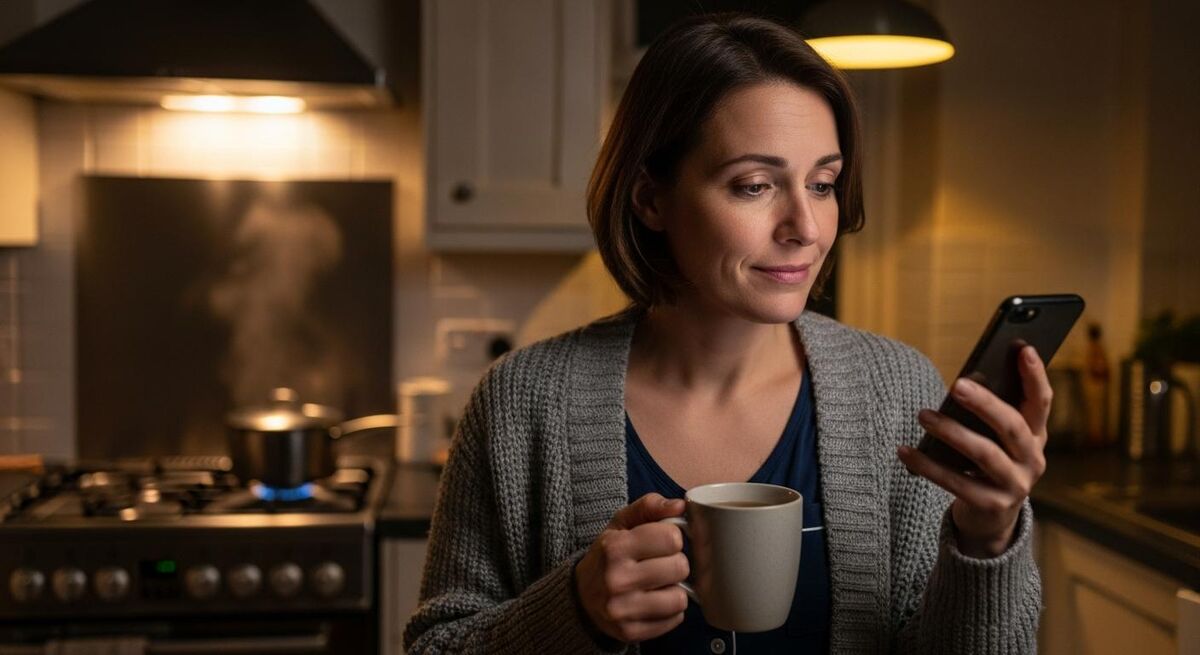 Customer reading an SMS update with engineer ETA on her phone in a kitchen