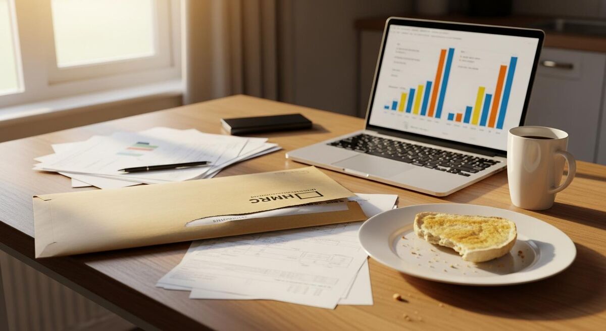 HMRC paperwork and calculator on a workshop desk