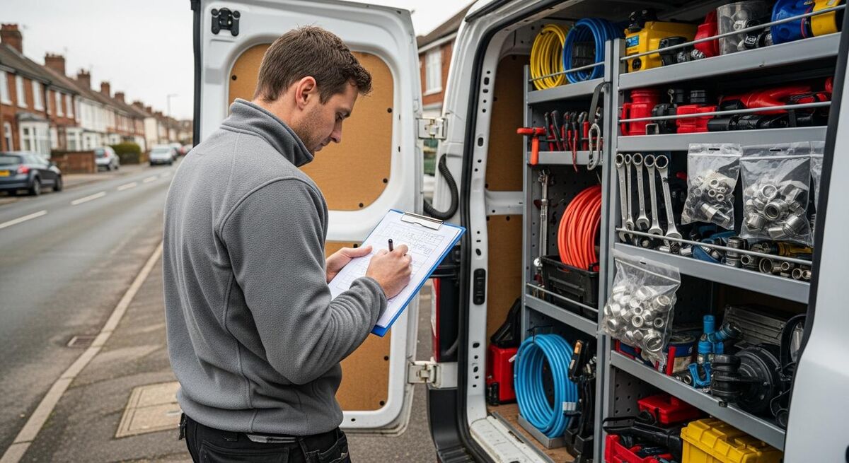 Tradesperson writing up a customer quote at a van tailgate