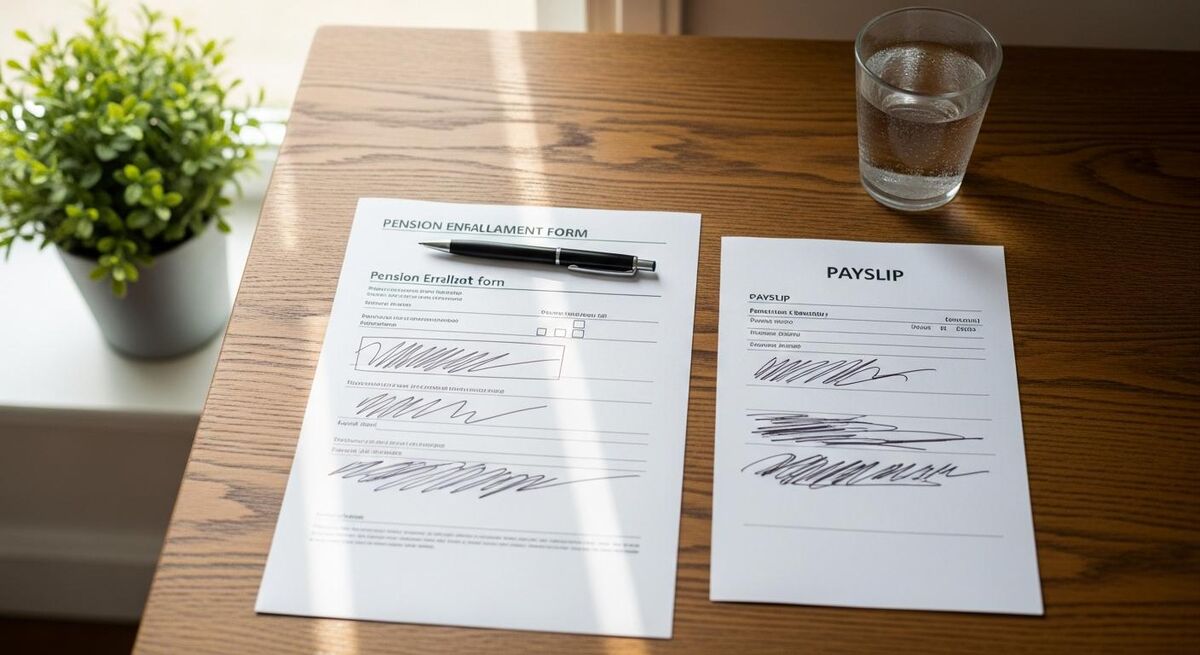 Pension documents and payslip on a desk beside a mug of tea