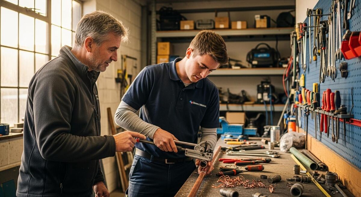 A young apprentice in work clothes learning to use hand tools at a workbench under the watch of a senior tradesperson