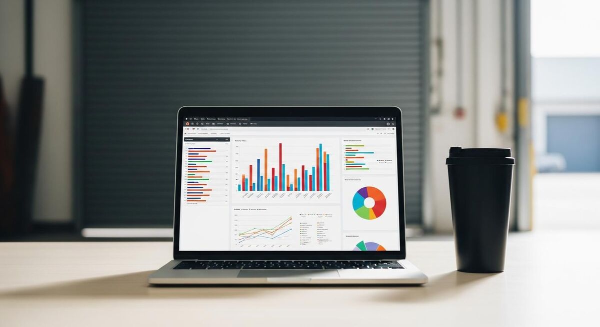 A laptop dashboard showing job completion charts and team performance data overlaid on a workshop scene