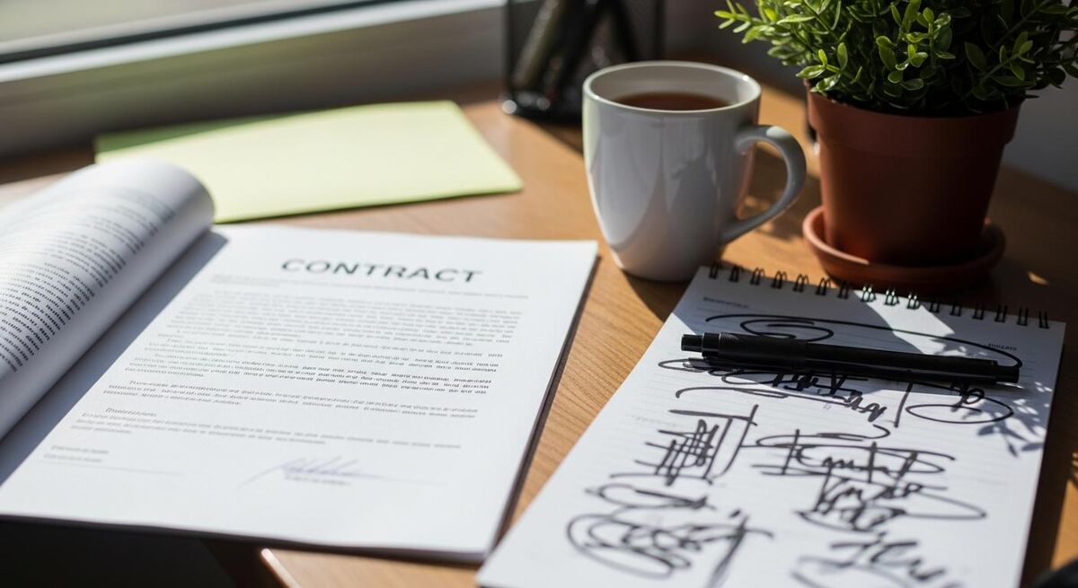A tradesperson at a kitchen table reviewing employment paperwork with a pen and a mug of tea
