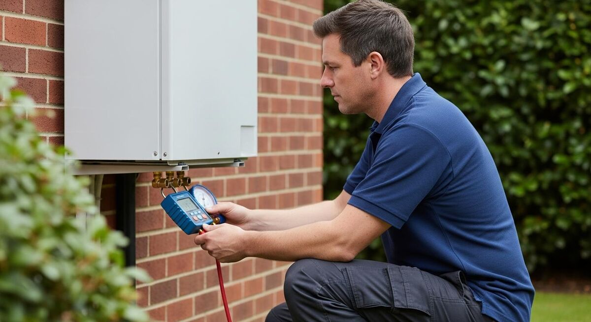 A heating engineer in normal work clothes checking refrigerant pressure on a wall-mounted heat pump unit, holding a clipboard