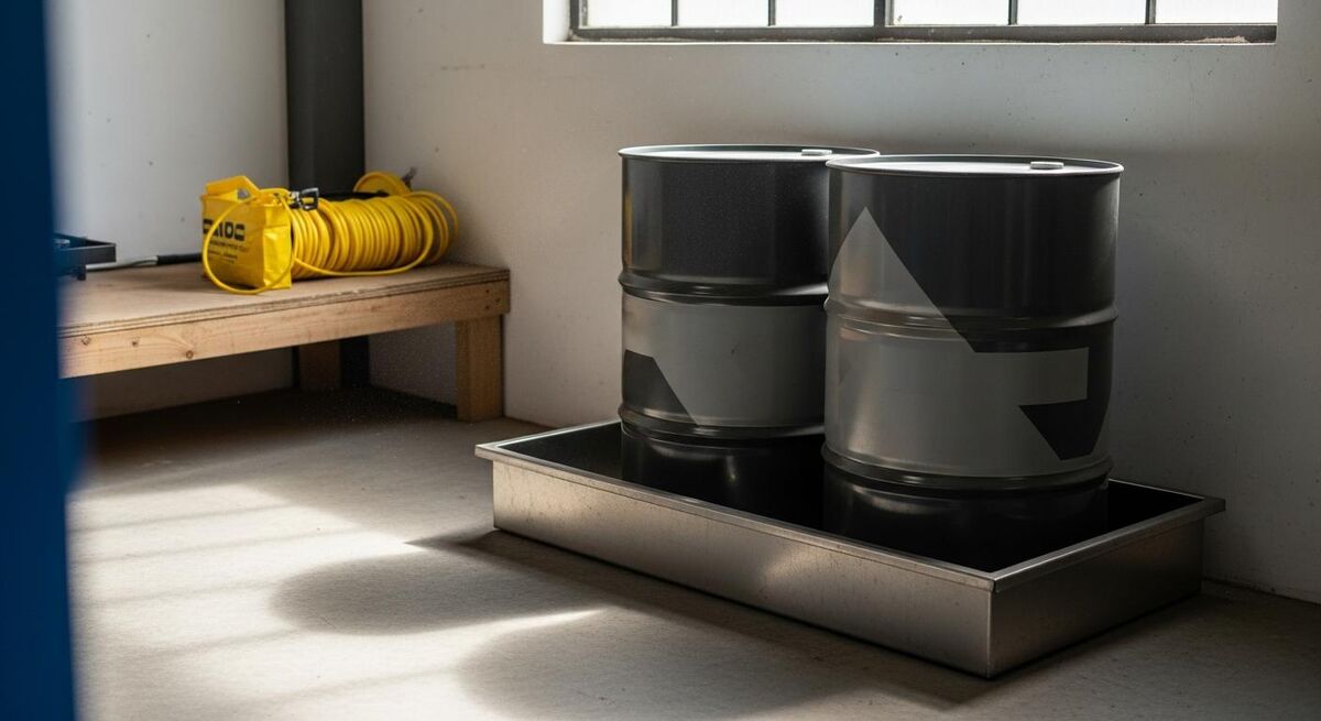 A small workshop corner with sealed containers labelled for hazardous waste, including oil and solvent drums on a drip tray