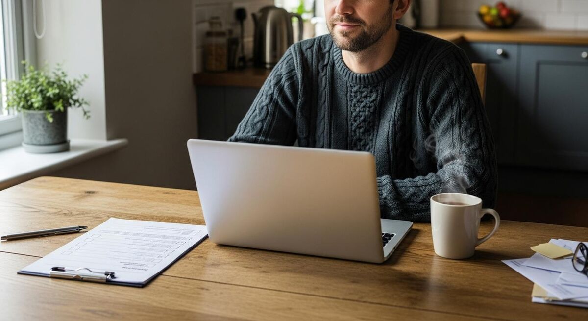 A small business owner working at a kitchen table on a closed laptop, reviewing a printed compliance checklist with a coffee cup beside them