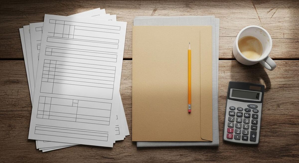 A trades professional sorting a stack of paperwork in a small office, daylight from a window