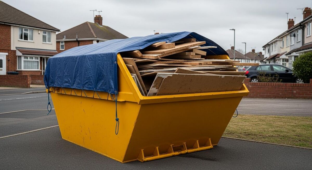 A medium-sized builders skip on a residential driveway with construction off-cuts inside, marked with a skip company logo
