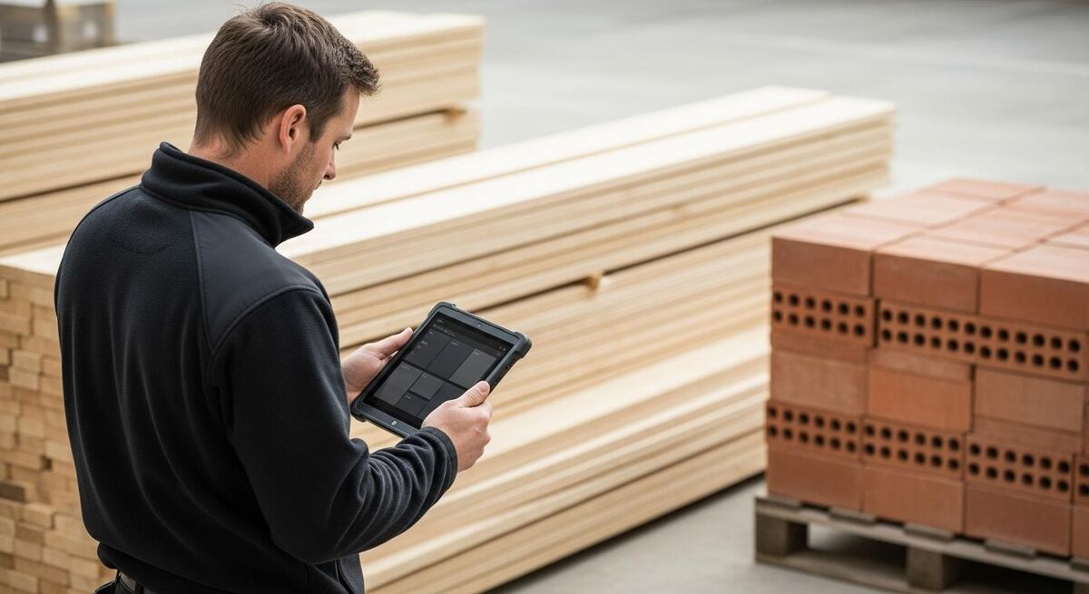 A tradesperson holding a tablet on a building site, reviewing a digital form while looking at a stack of construction materials