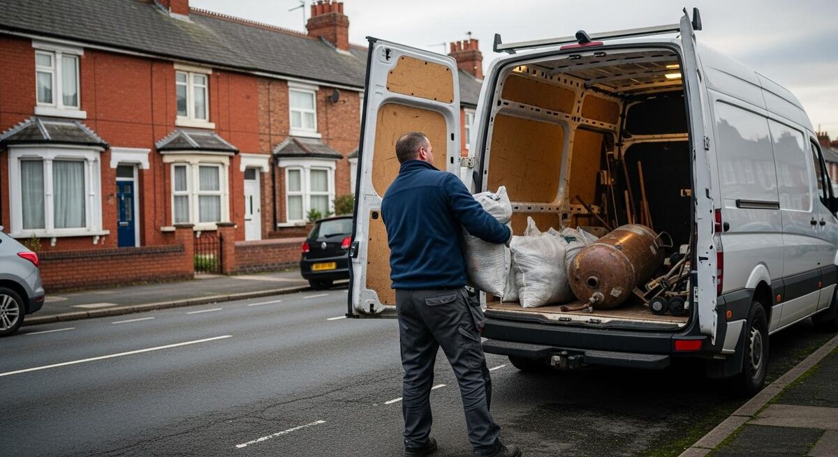 A tradesperson loading bagged construction off-cuts and old fittings into the back of a work van on a quiet residential street
