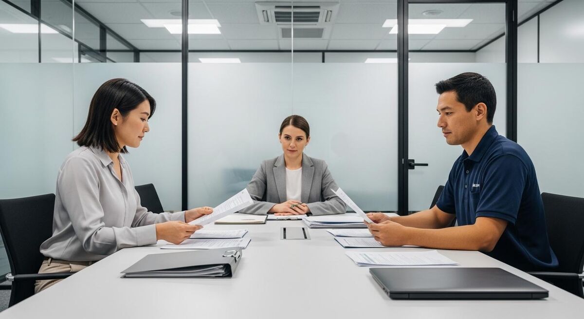 Two business professionals reviewing documents across a table during a mediation meeting