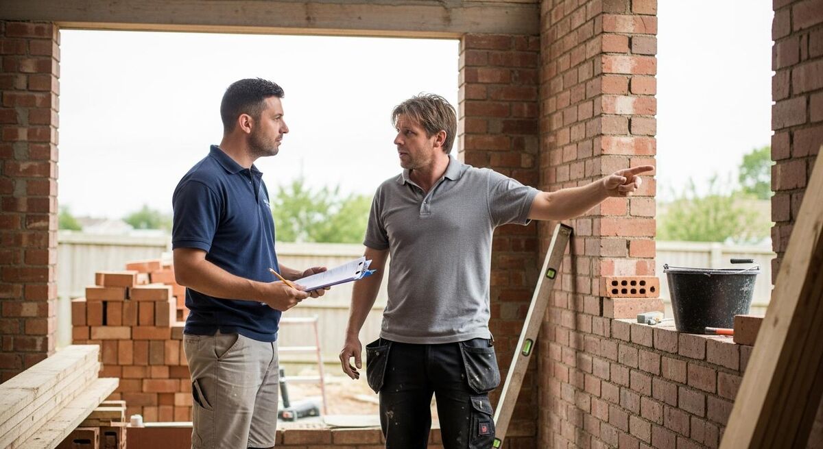 Construction site meeting between contractors reviewing project documentation