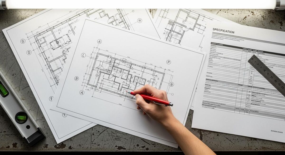 Detailed technical drawings and specifications laid out on a workshop table