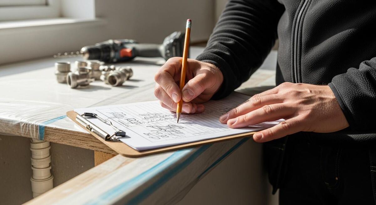 Tradesperson making notes on a project plan with marked up changes