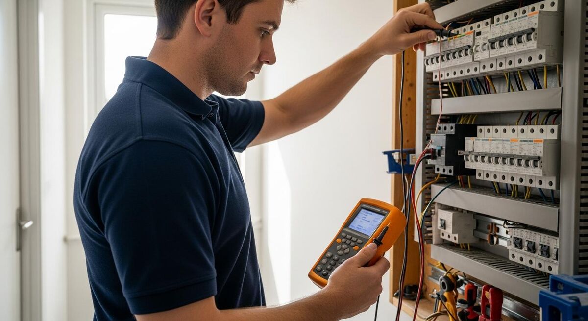 Electrician using a multifunction tester at a domestic consumer unit