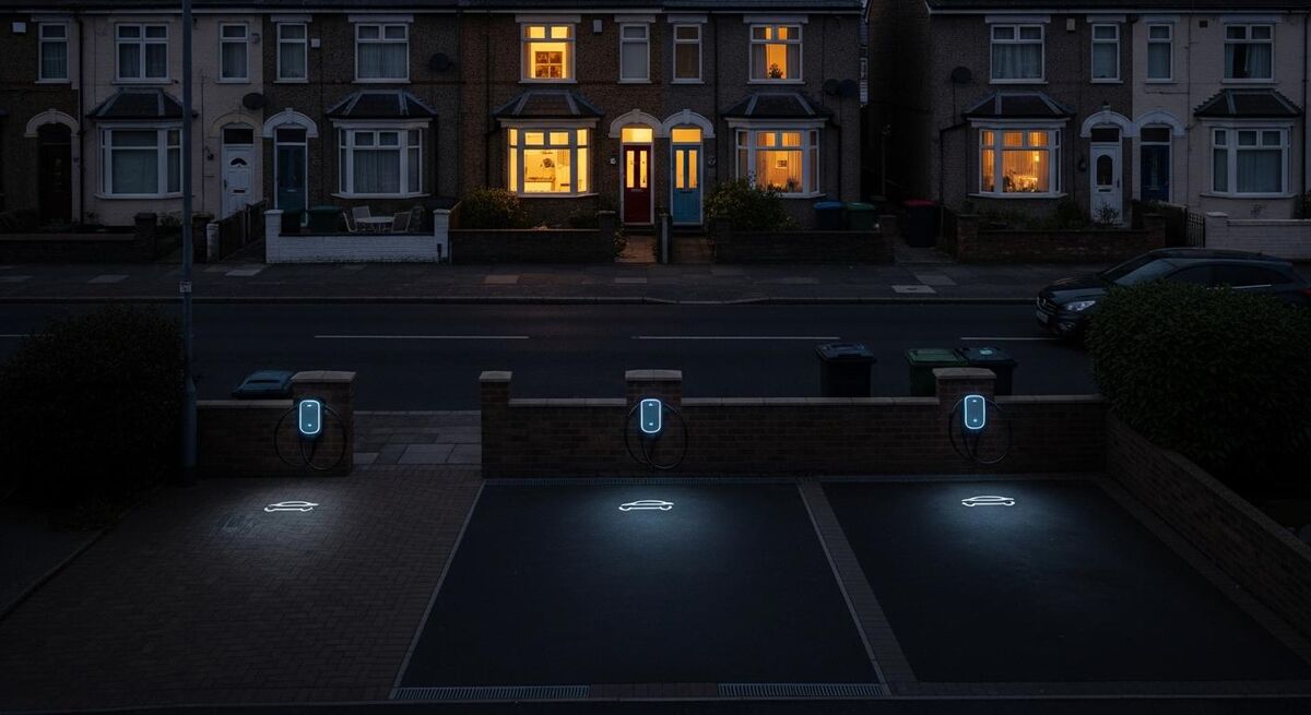 Row of electric vehicles plugged into home wall chargers on a residential UK street