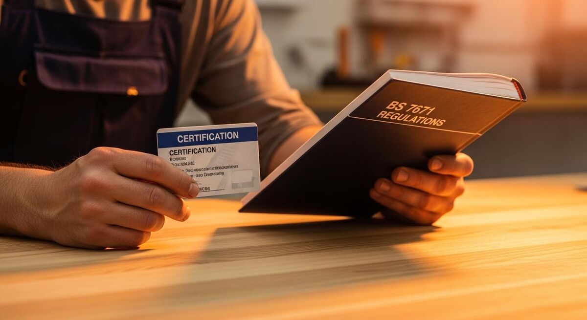 Close-up of an electrician checking certificates and paperwork at a workbench