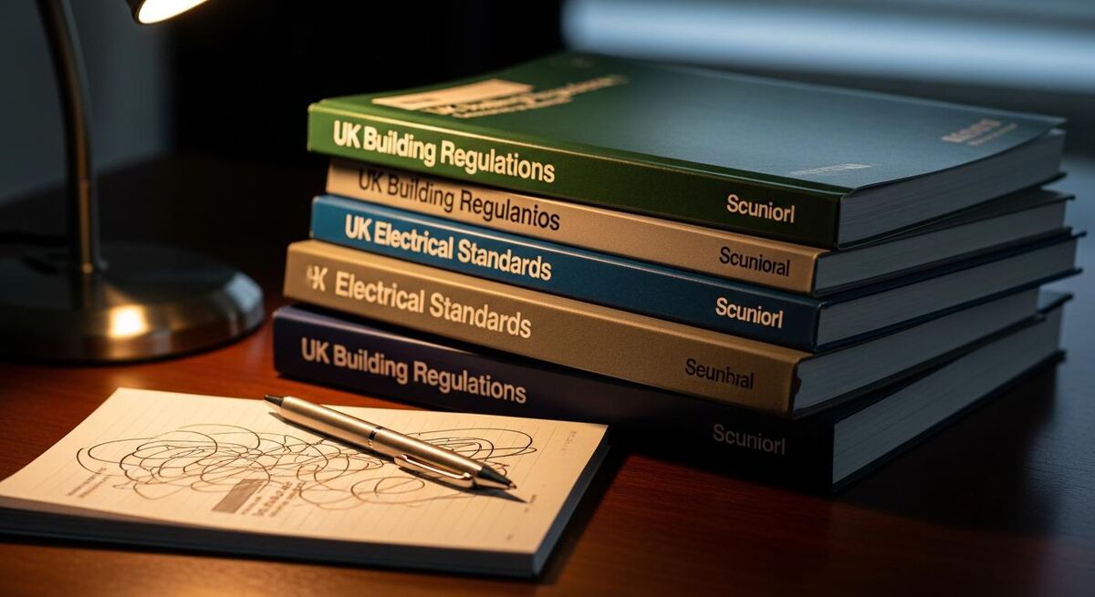 Open copy of BS 7671 wiring regulations on a workbench next to electrical testing equipment