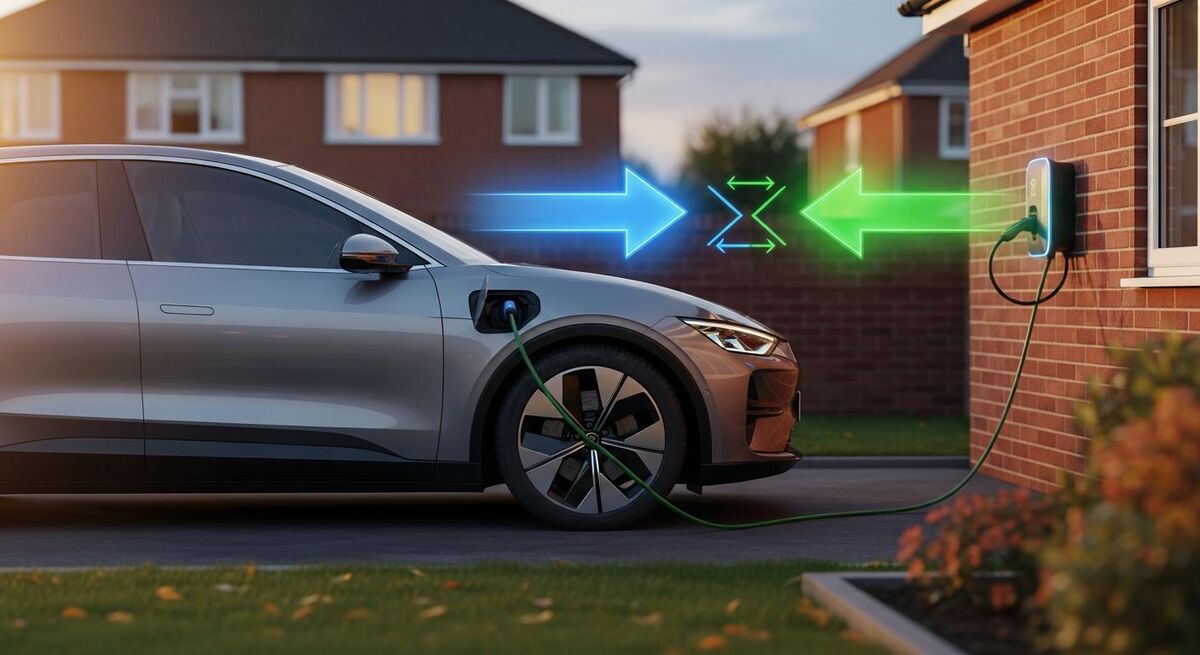 Electric vehicle connected to a bidirectional charger with energy flow arrows showing power moving both ways