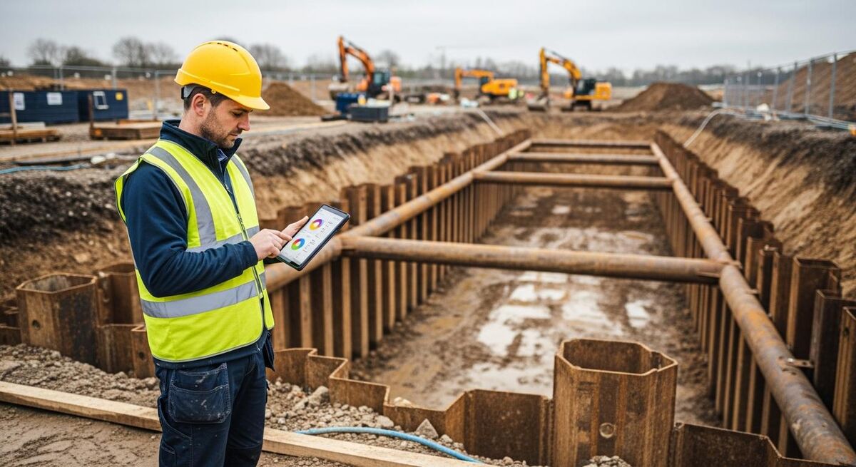 Site supervisor reviewing AI-flagged trench safety alerts on a tablet