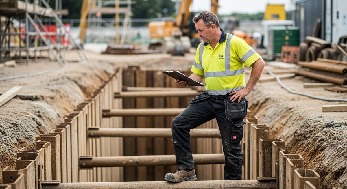 Groundworker inspecting a shored trench on a UK construction site