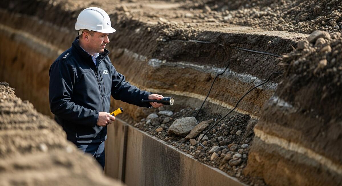 HSE inspector examining a partially collapsed excavation at a construction site