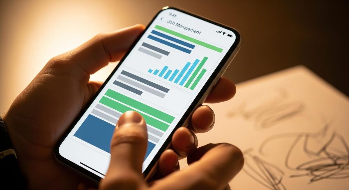 A close up of a smartphone screen showing an AI generated quote description being drafted in a job management app