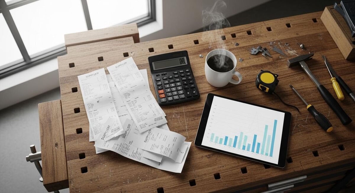 A tradesperson reviewing job costs and materials receipts on a tablet at a workbench