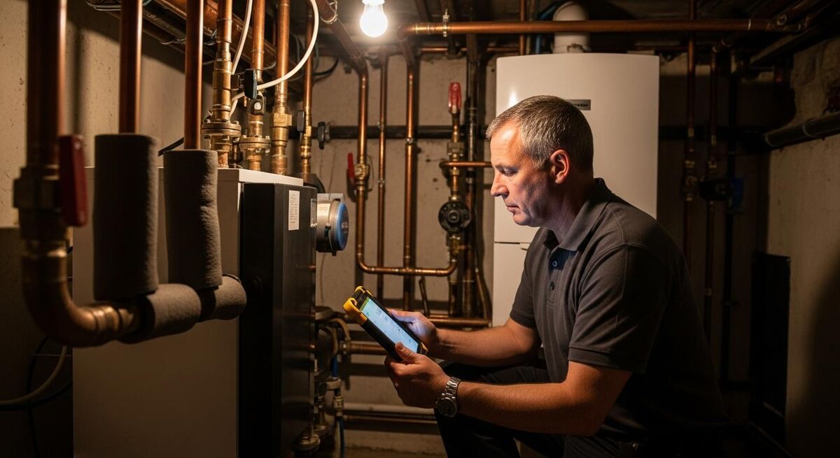 A heating engineer using a tablet in a basement plant room with no mobile signal