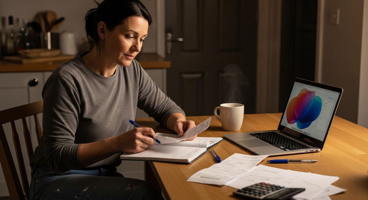 A sole trader plumber sat at a kitchen table reviewing job invoices on a laptop in the evening