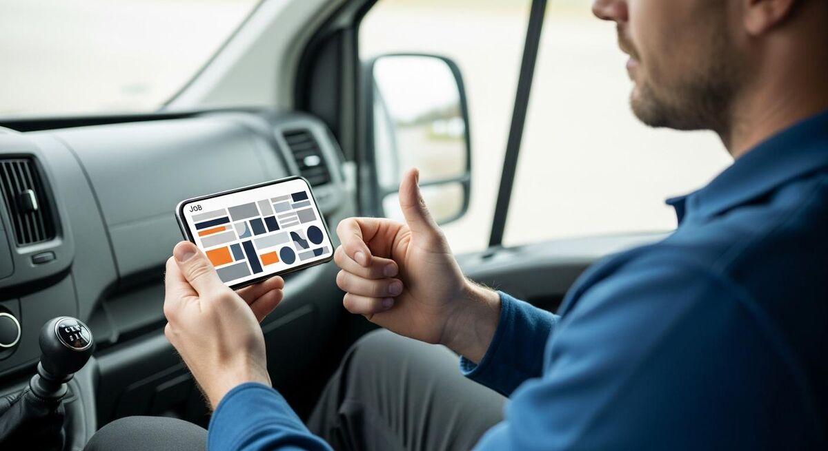 A tradesperson writing up a quote on a smartphone in their work van between jobs
