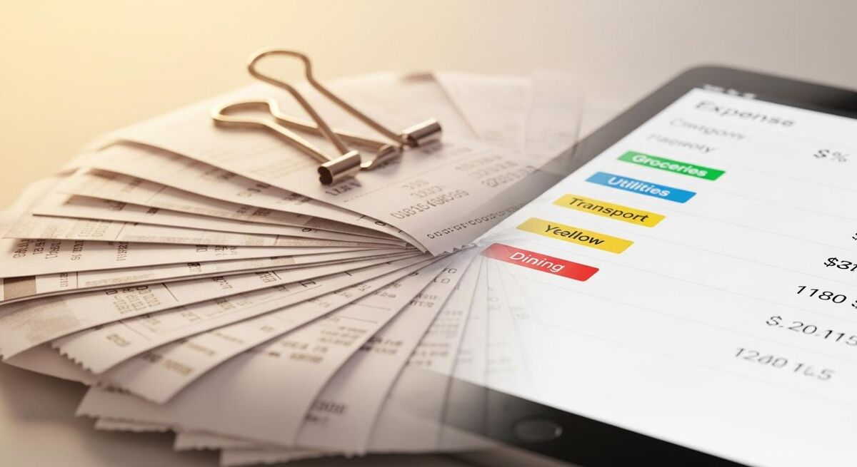 Split view showing a pile of mixed receipts on one side and a neatly organised digital spreadsheet on the other