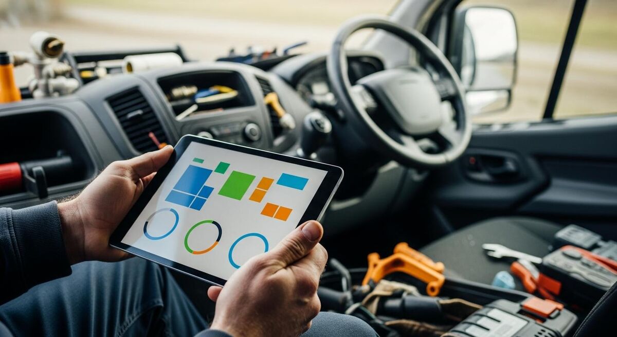 Close-up of a plumber using a tablet on site with a van visible in the background