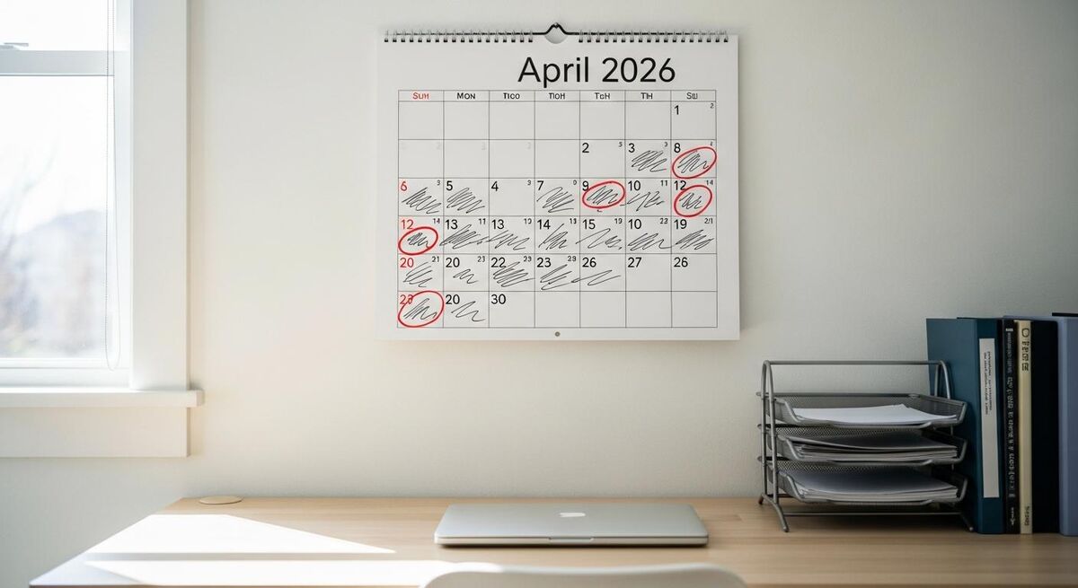 Calendar showing April 2026 with tax deadline dates circled