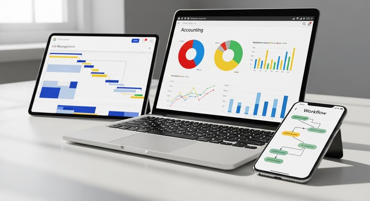 Three connected devices showing job management, accounting software and automation workflow