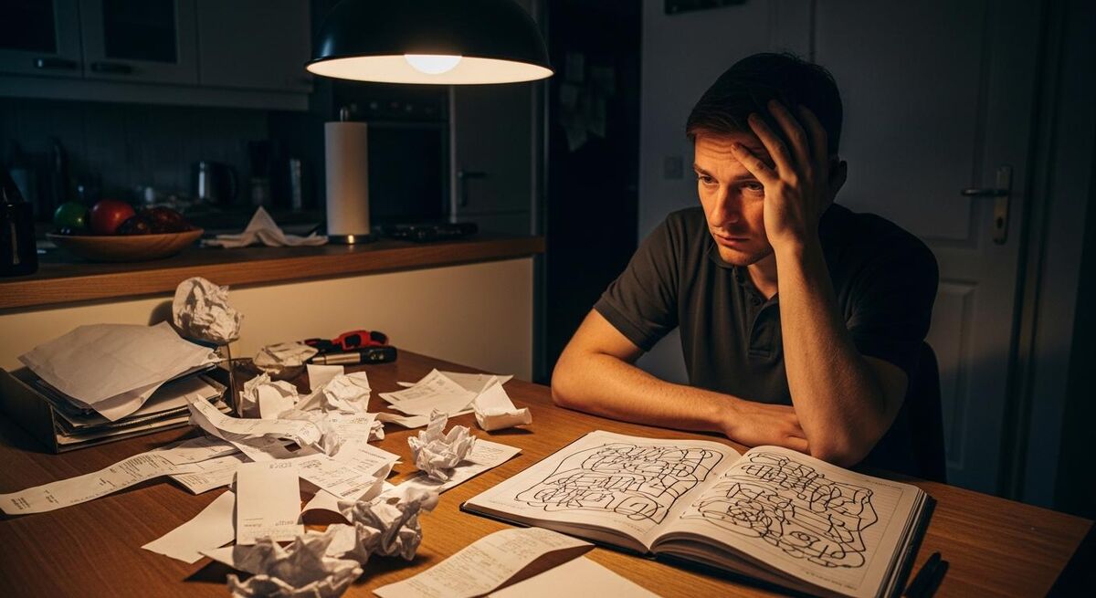 Tradesperson reviewing receipts and paperwork at a kitchen table after a long day