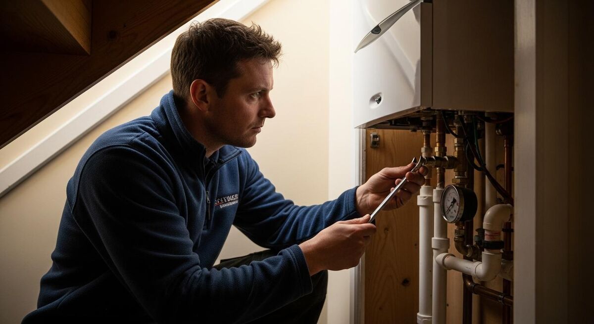 Heating engineer kneeling beside a boiler in a cupboard