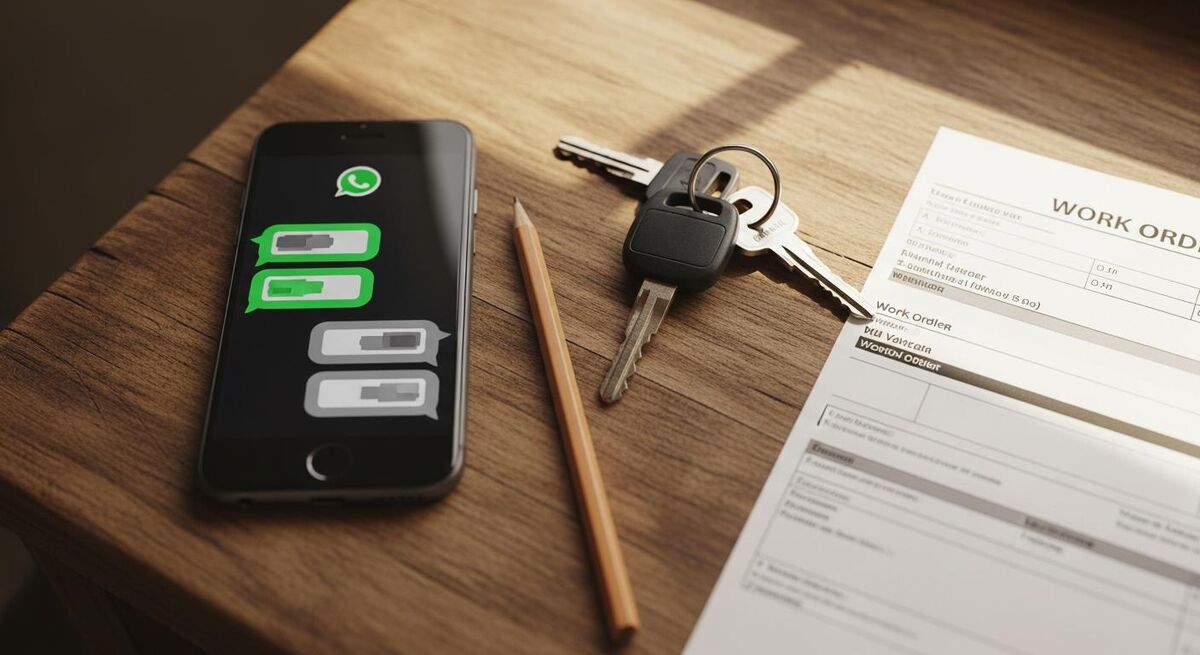 Smartphone on a kitchen worktop showing a chat thread next to van keys