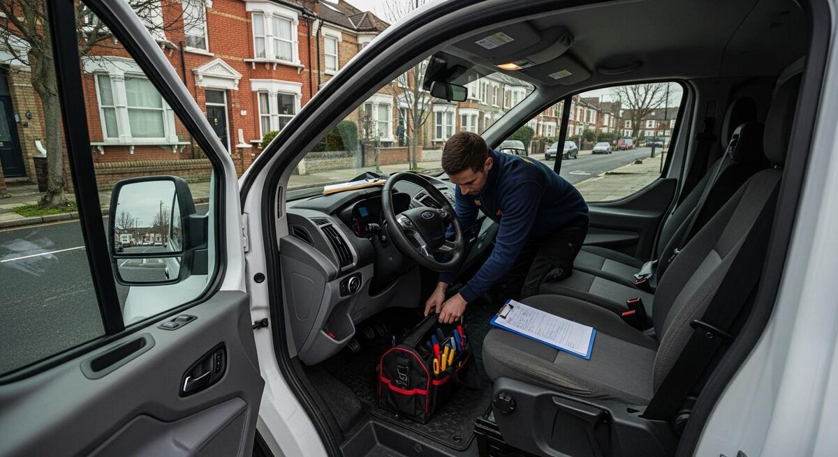 Property maintenance contractor reaching into a van parked on a quiet street