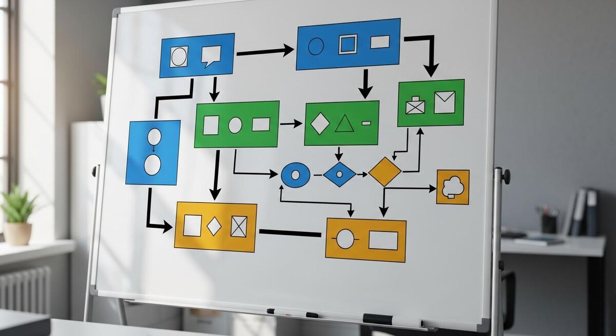 Abstract whiteboard sketch of a workflow with arrows between coloured boxes