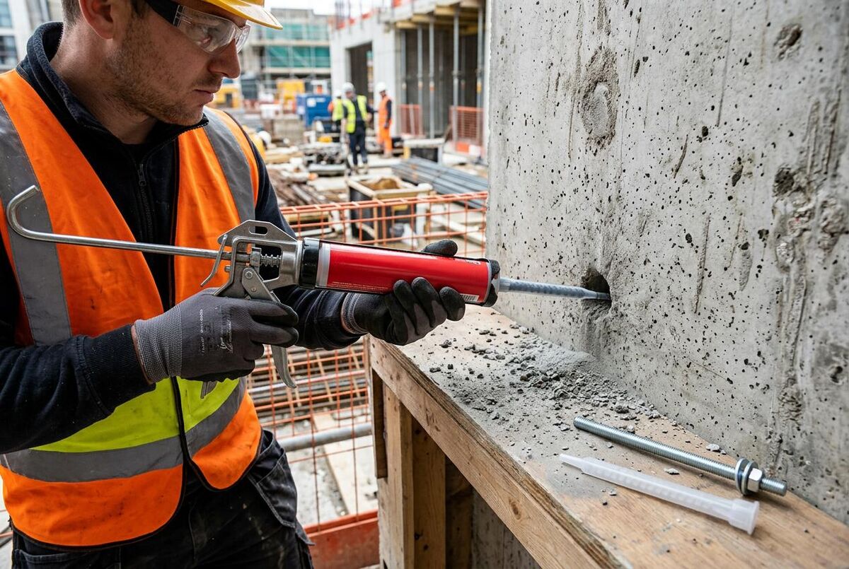 Injecting chemical resin anchor into a concrete wall on a UK construction site