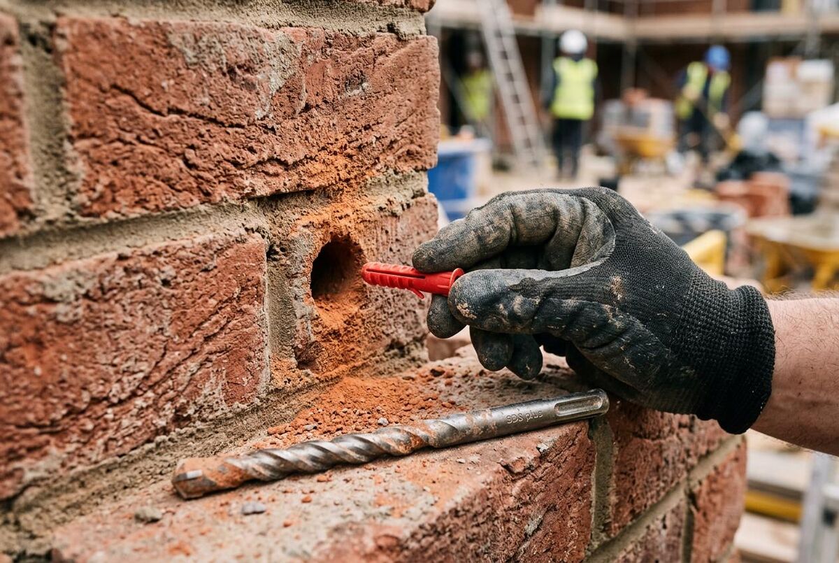 Inserting a red wall plug into a drilled hole in a brick wall on a UK construction site