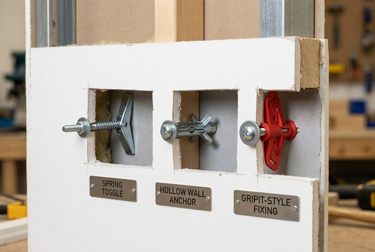 Cross-section view showing how different plasterboard fixings grip behind the board