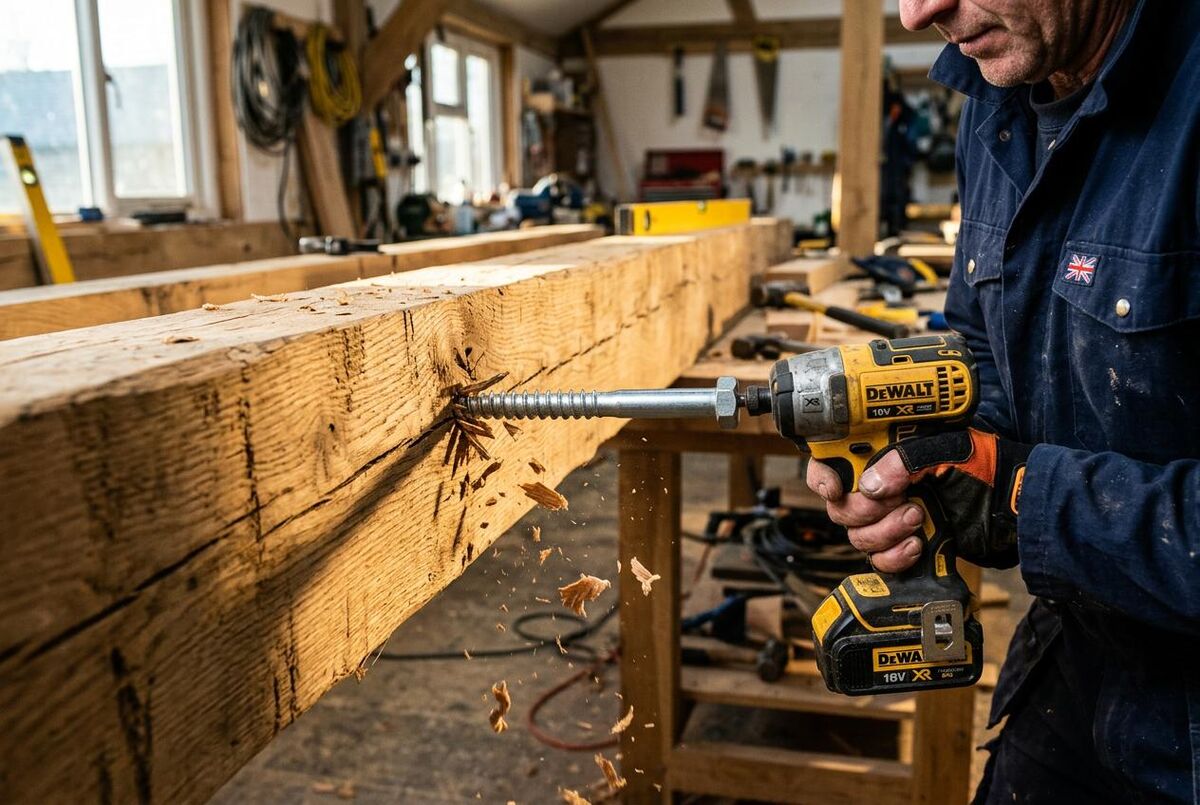 Driving a coach screw into a timber beam with a cordless impact driver