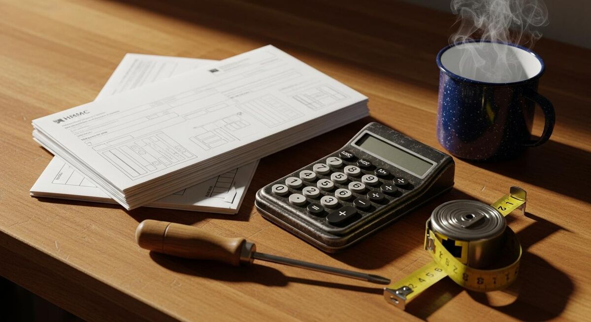 A neat stack of UK tax paperwork on a workshop bench beside a calculator and a mug of tea