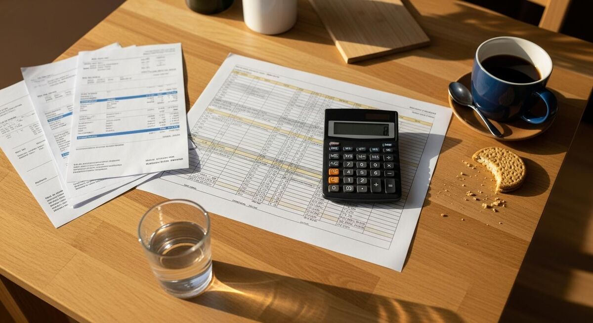 A trades professional working through quarterly receipts and invoices on a kitchen table with a printed spreadsheet
