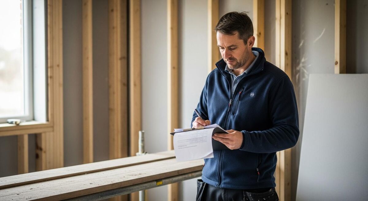 A construction subcontractor reviewing CIS paperwork and invoices on a clipboard at a job site