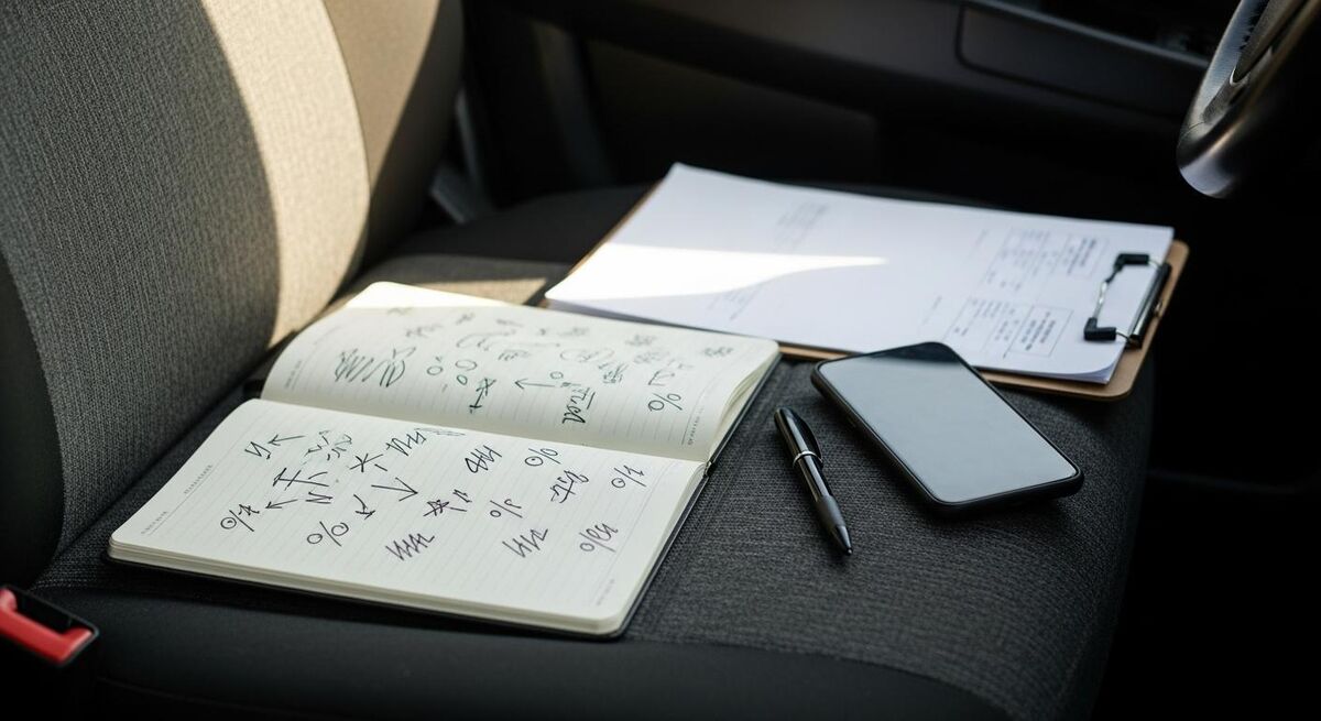 An open notebook on a van seat with handwritten trade categories and percentages