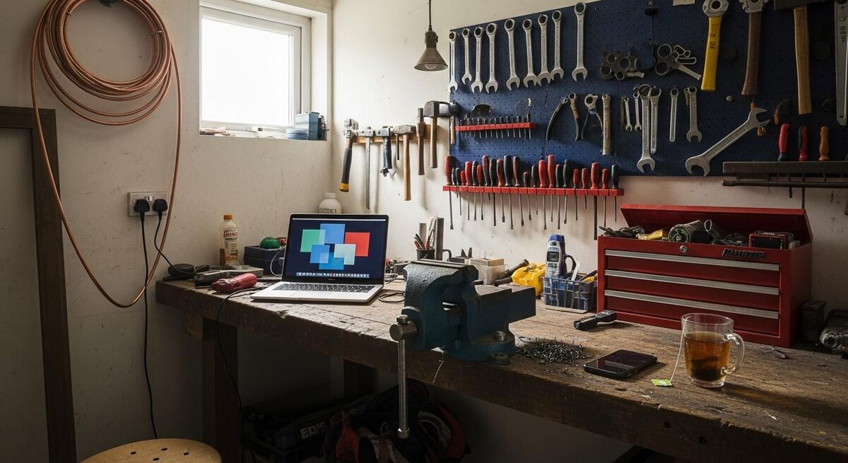 A small workshop with a laptop on a workbench, a phone propped against a toolbox, and a half-drunk mug of tea