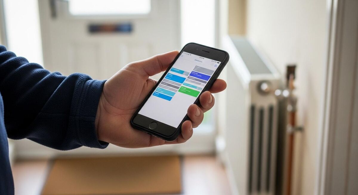 A phone in a tradesperson's hand showing a job calendar in a customer's hallway